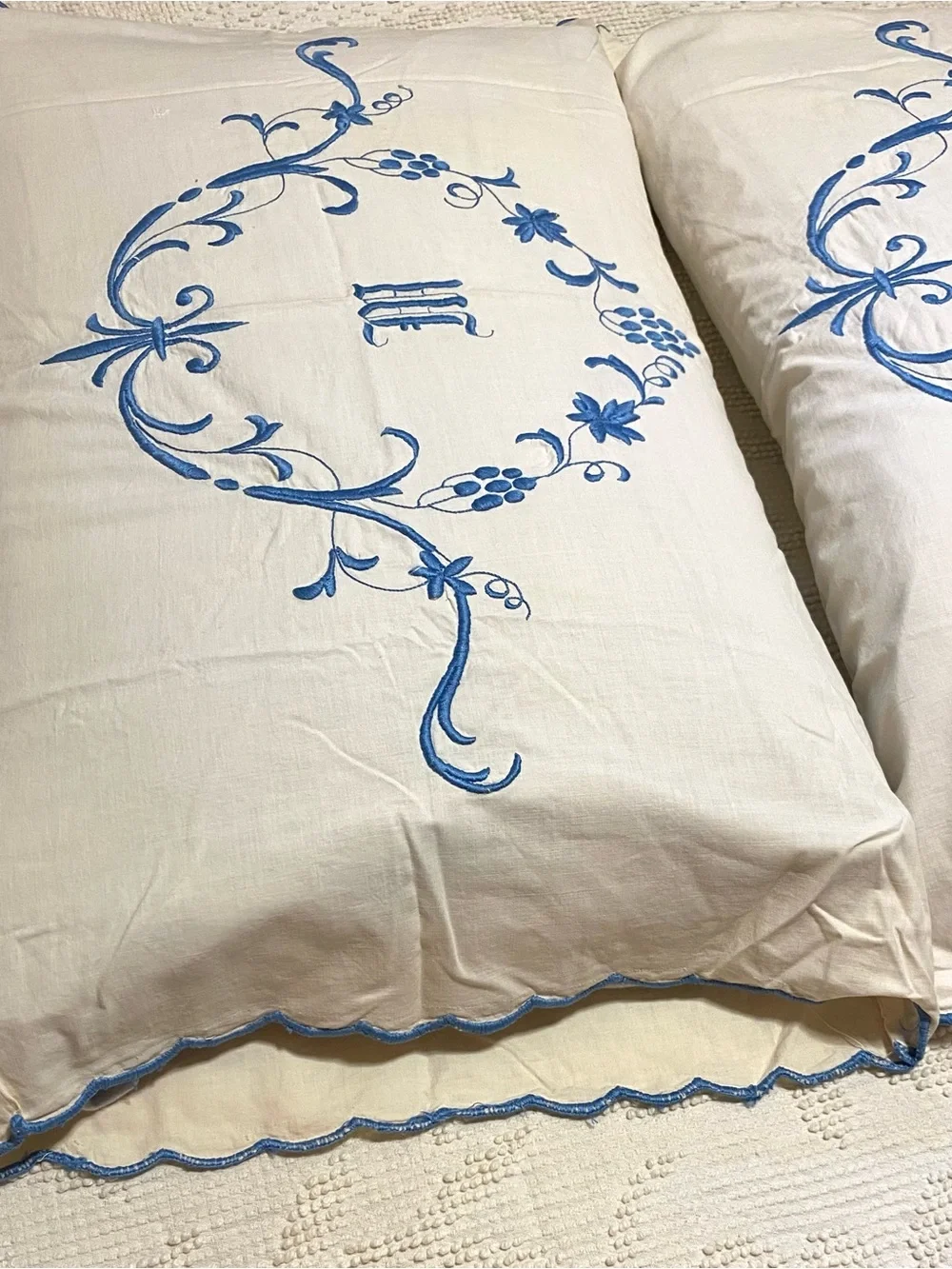 Vintage Cream Pillowcases with Blue Vine Monogram - Vintage